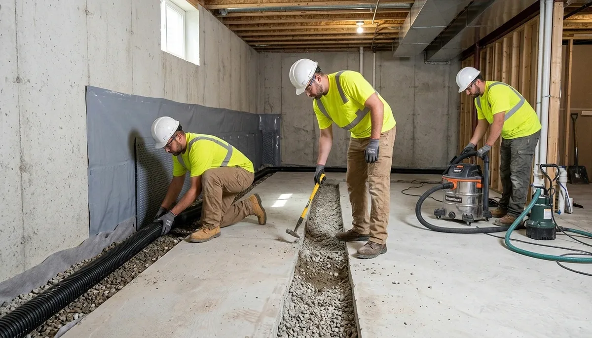 Norfolk, VA basement waterproofing team inspecting moisture damage and flood protection for homes