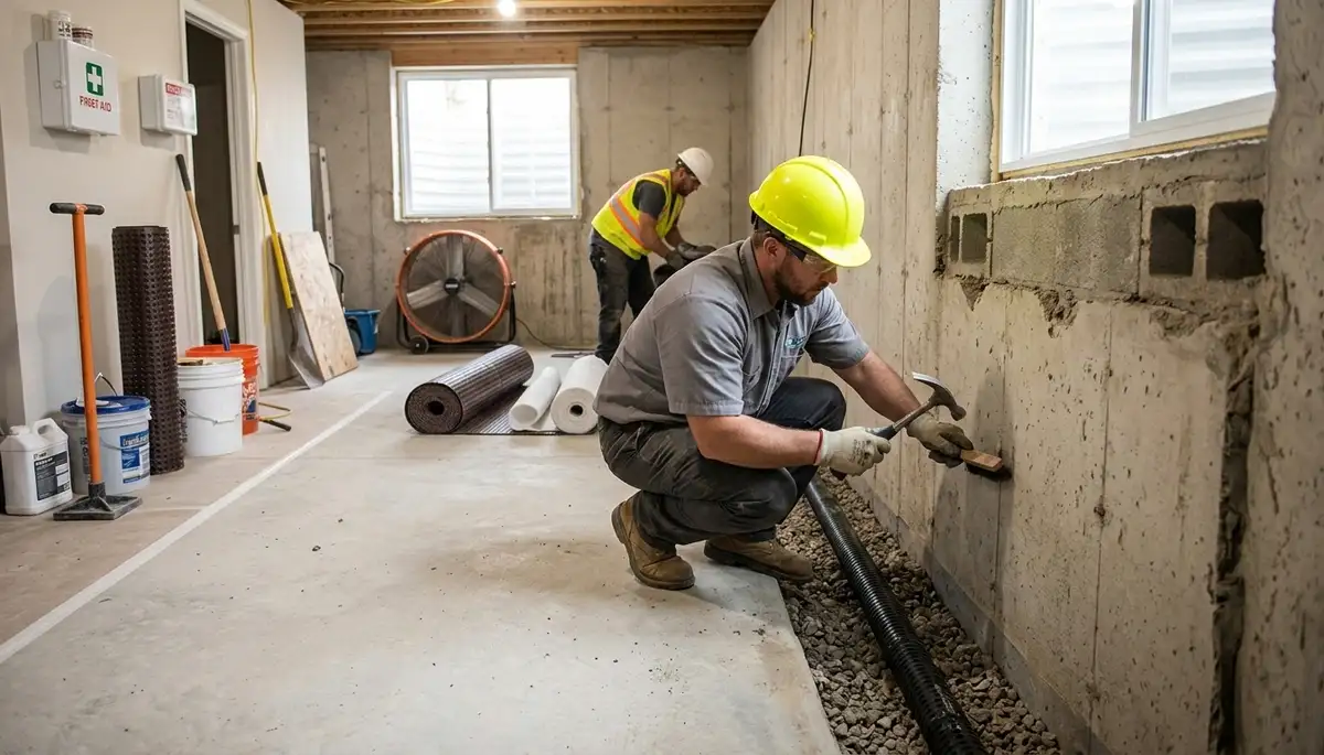 Norfolk, VA basement waterproofing crew inspecting moisture and flood protection in a home basement
