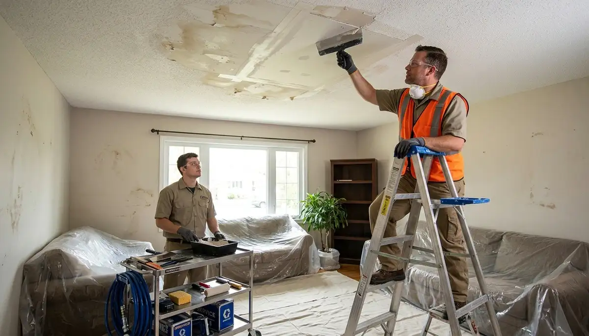 Ceiling water damage repair in Norfolk, VA home with moisture stains and structural damage