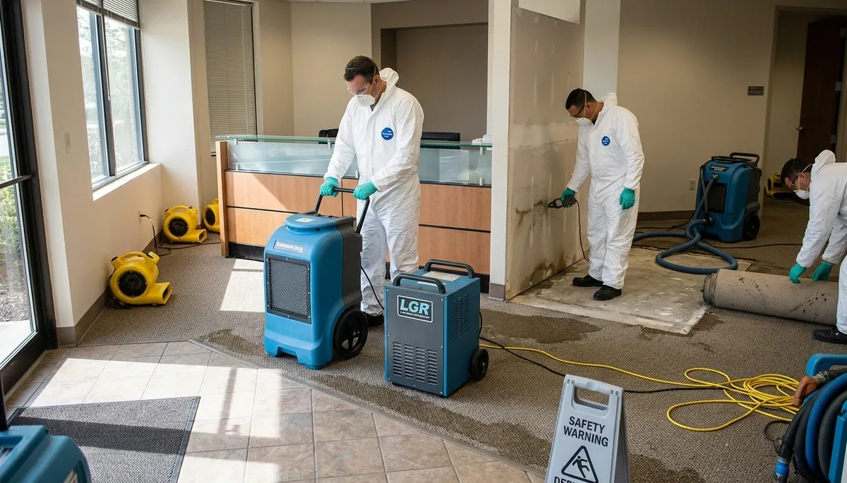 Commercial water damage restoration team in Norfolk, VA repairing storm flood damage in a business property