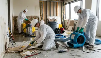 Norfolk, VA water damage cleanup crew removing flood water from a home