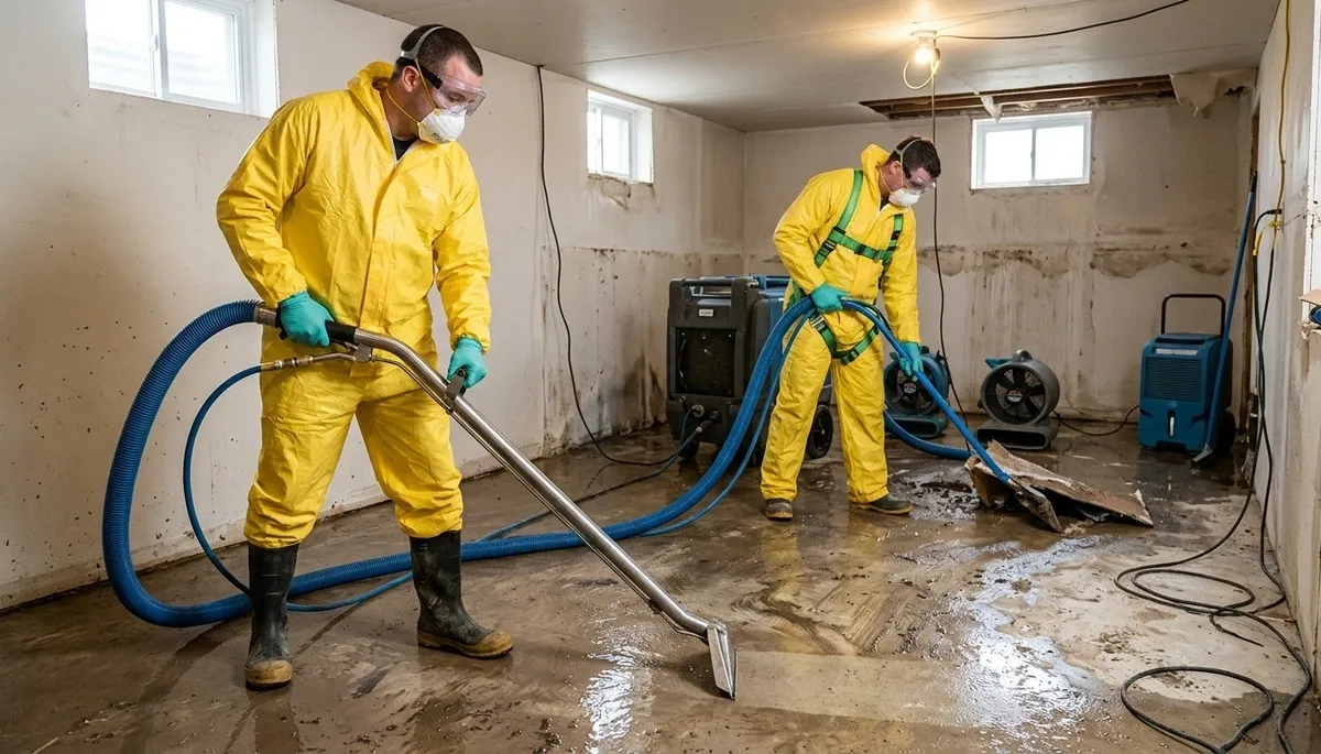 Norfolk, VA water damage cleanup team removing flood water from a home after storm surge