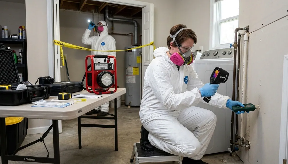 Mold inspection technician in Norfolk, VA assessing moisture damage in a home