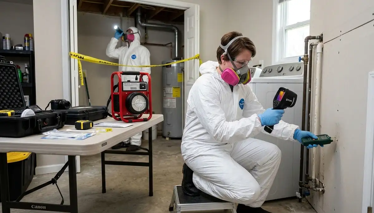Mold inspection technician in Norfolk, VA assessing moisture damage in a home