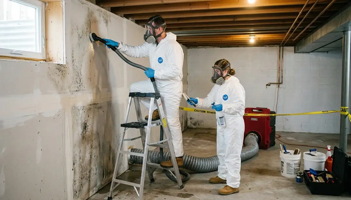 Norfolk, VA mold removal technician inspecting water damage in a home for 24/7 restoration services
