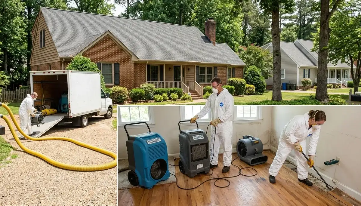 Norfolk, VA water damage restoration team inspecting storm-damaged property