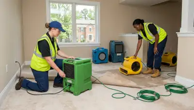 Water damage restoration team in Norfolk, VA inspecting a flooded property for repairs