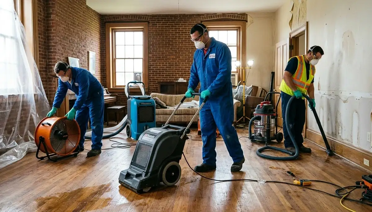 Norfolk, VA water damage restoration team inspecting flood cleanup in a home
