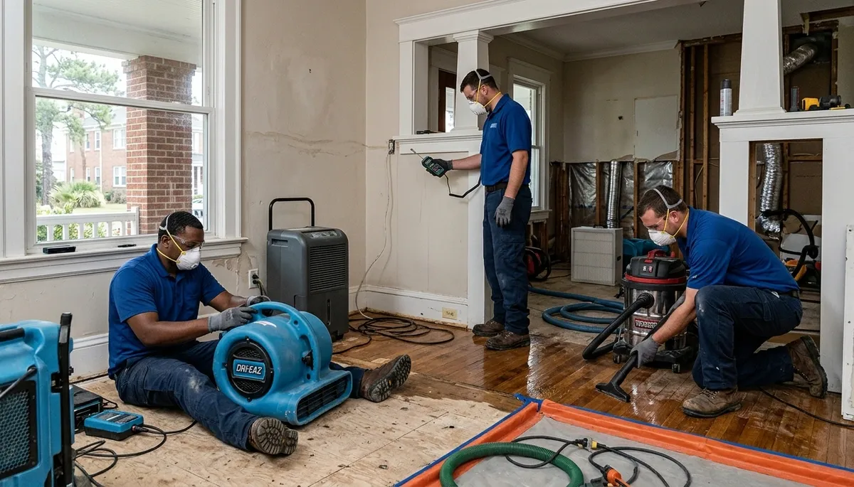 Water damage restoration team in Norfolk, VA inspecting and drying a flooded property