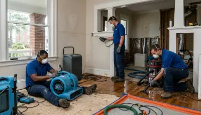 Water damage restoration team in Norfolk, VA inspecting and drying a flooded property