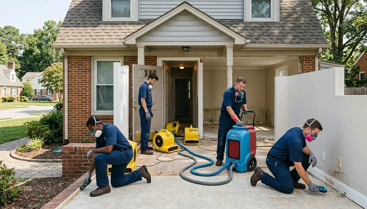 Water damage restoration team serving Norfolk, VA, with emergency cleanup and drying equipment