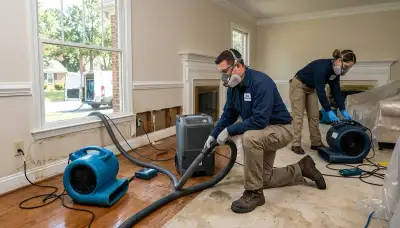 Water damage restoration team in Norfolk, VA inspecting and drying a damaged property