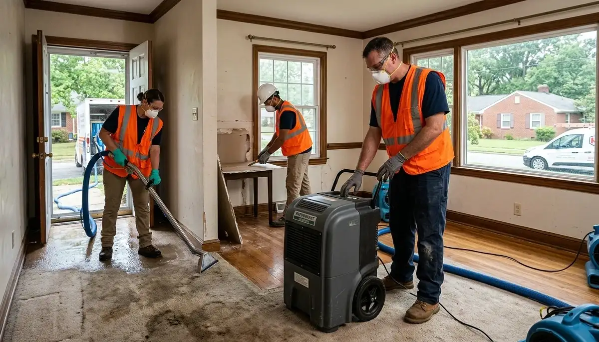 Water damage restoration team in Norfolk, VA inspecting cleanup equipment on a job site