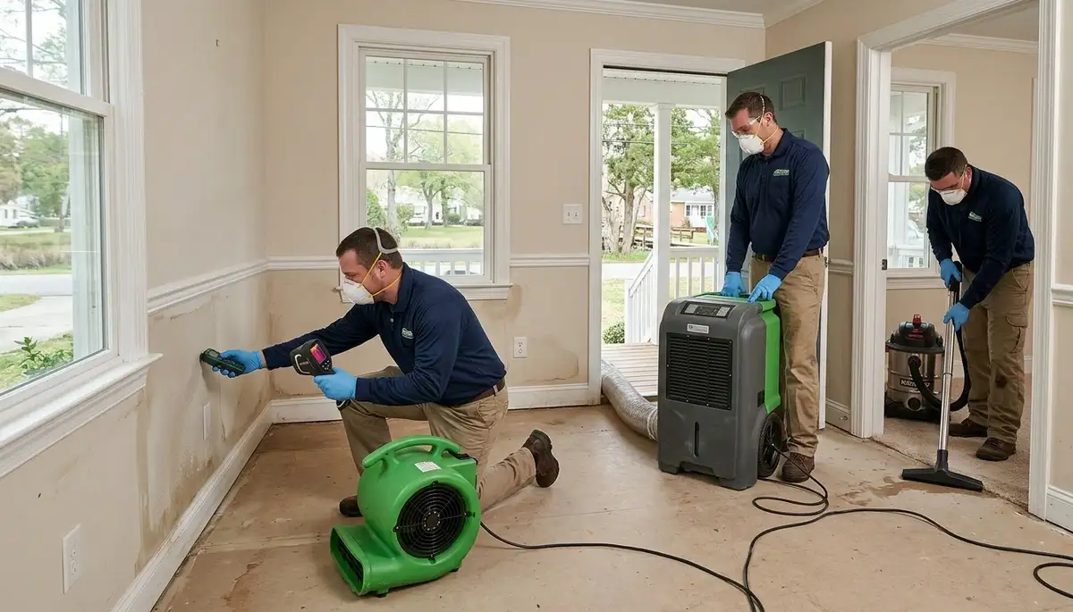 Water damage restoration team in Norfolk, VA inspecting a flooded home and damaged flooring