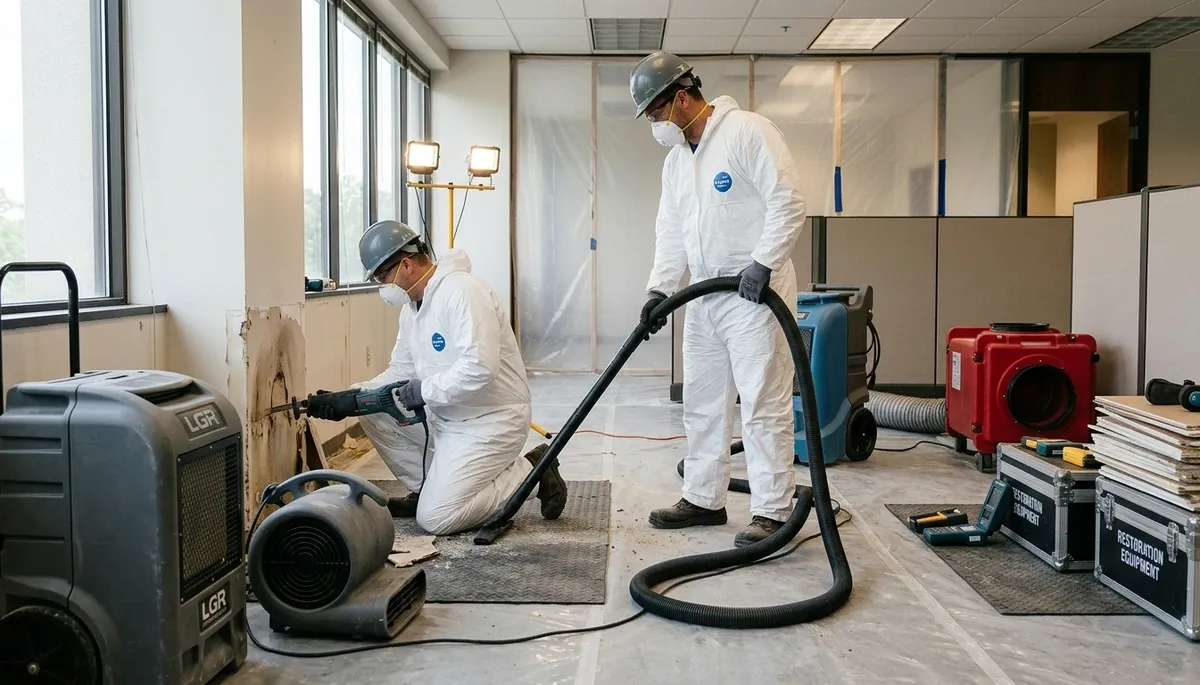 Water damage restoration team in Norfolk, VA inspecting a flooded home and drying damaged floors