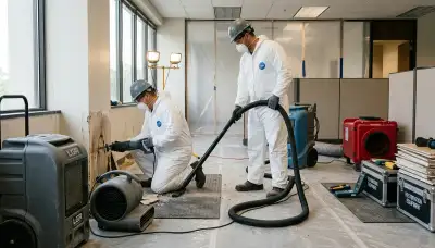 Water damage restoration team in Norfolk, VA inspecting a flooded home and drying damaged floors