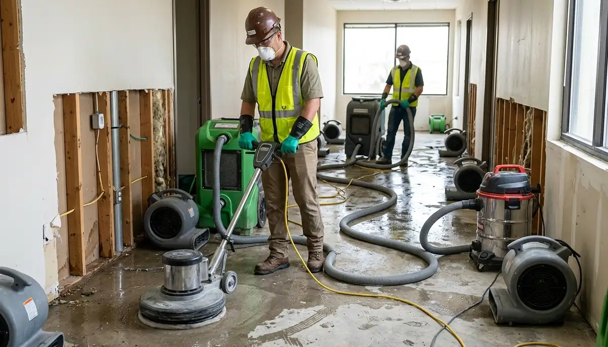 Water damage restoration team in Norfolk, VA inspecting a flooded home for 24/7 emergency service